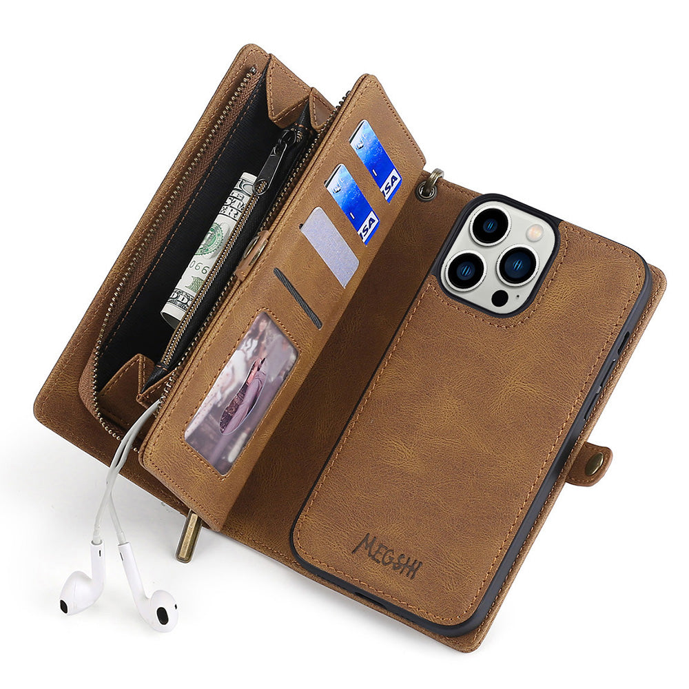Odnímatelné kožené pouzdro řady MEGSHI 017 pro iPhone 14 Pro Max Peněženka s magnetickým pohlcováním proti pádu a popruhem na zápěstí Odnímatelné kožené pouzdro řady MEGSHI 017 pro iPhone 14 Pro Max Peněženka s magnetickým pohlcováním proti pádu a popruhem na zápěstí